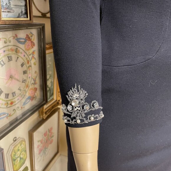 60s Vintage Black Stretch Knit Wiggle Dress with Beaded Cuffs and Neckline XL - Picture 3 of 5